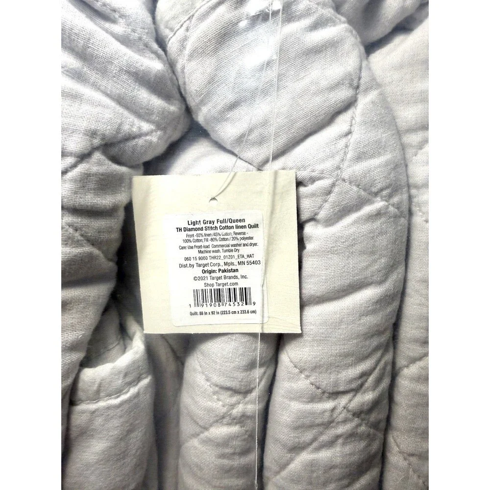 Threshold Full/Queen Diamond Stitch Cotton Linen Quilt Light Gray Midweight NEW
